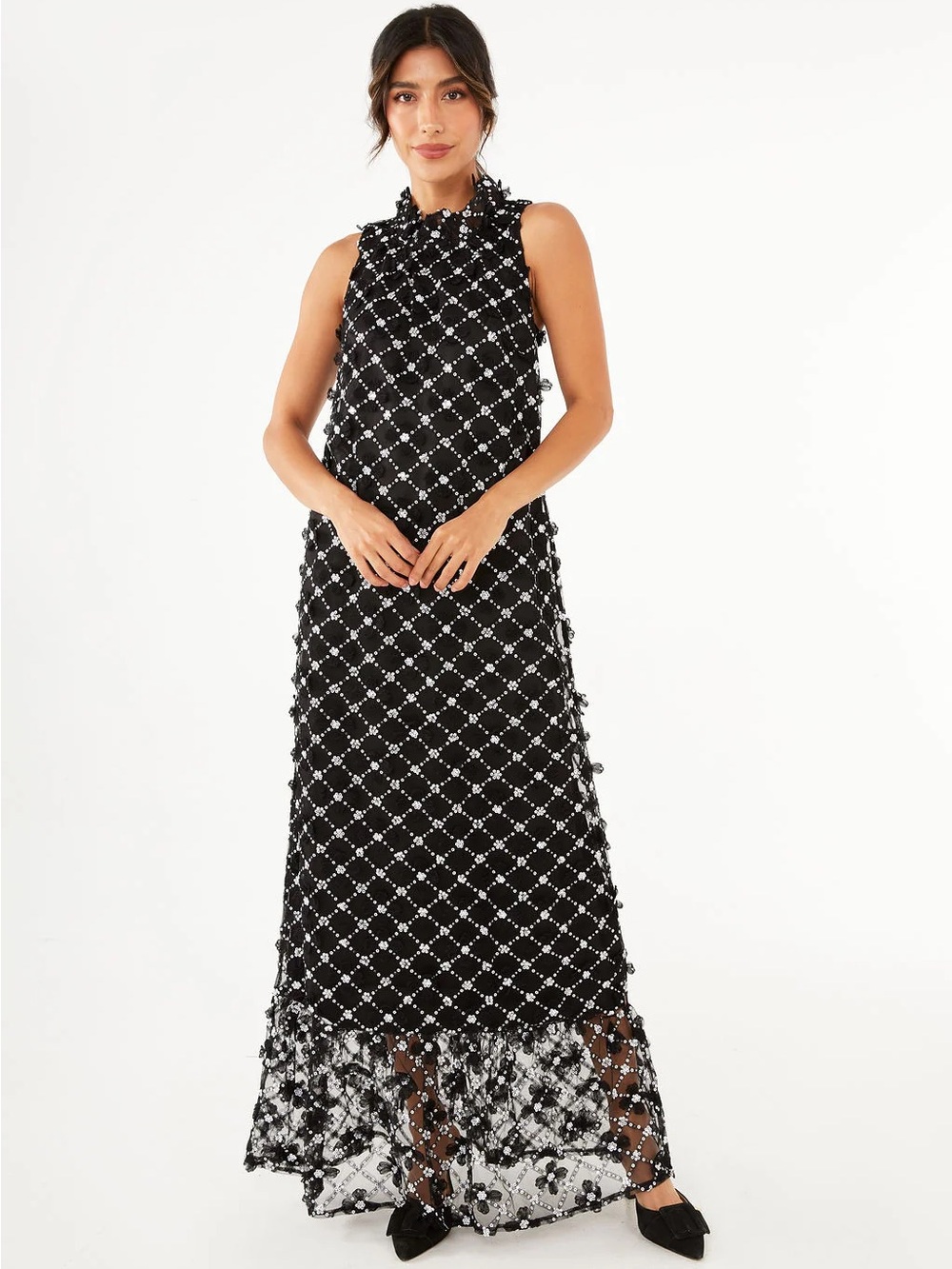 Abbey Glass Camille Flower Sequin Ruffle Mock Neck Sleeveless Gown